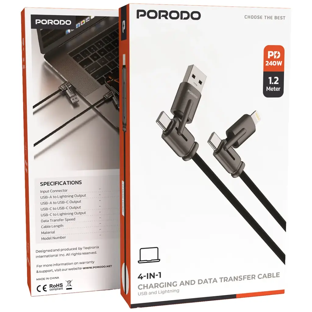 Porodo 4-In-1 Charging And Data Transfer Cable - Black2.webp