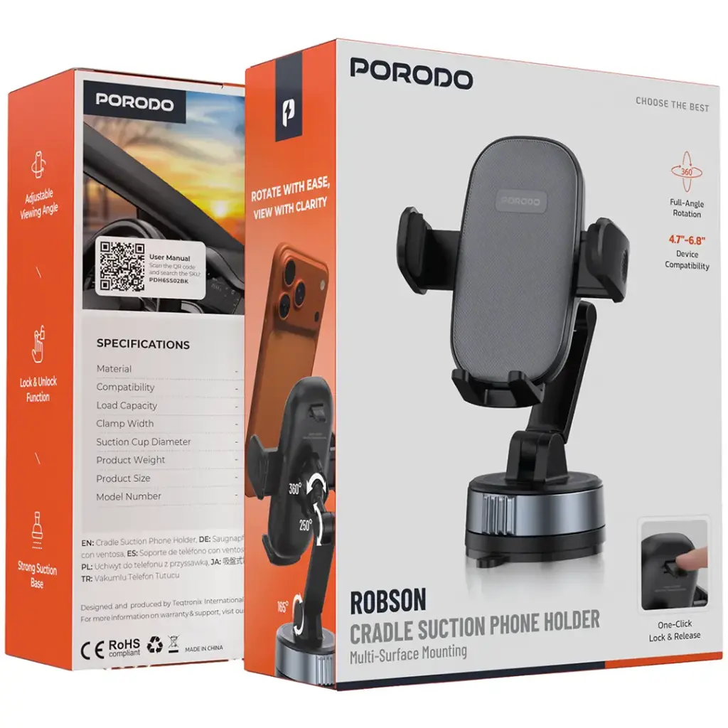Porodo Robson Cradle Suction Phone Holder - Black5.webp