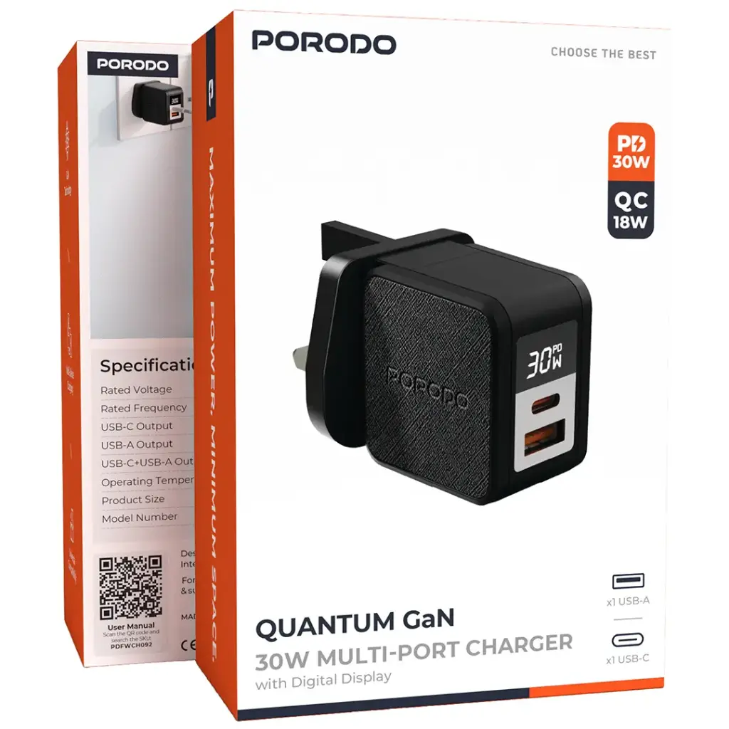 Porodo Quantum GaN 30W Multi-Port Charger with Digital Display - Black3.webp