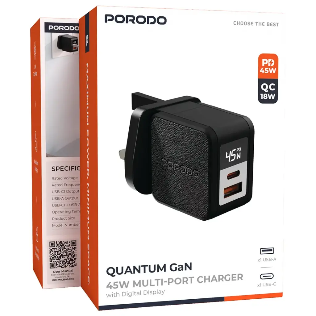 Porodo Quantom GaN 45W Multi-Port Charger with Digital Display - Black.webp