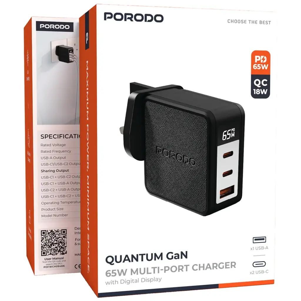Porodo Quantom GaN 65W Multi-Port Charger with Digital Display - Black.webp