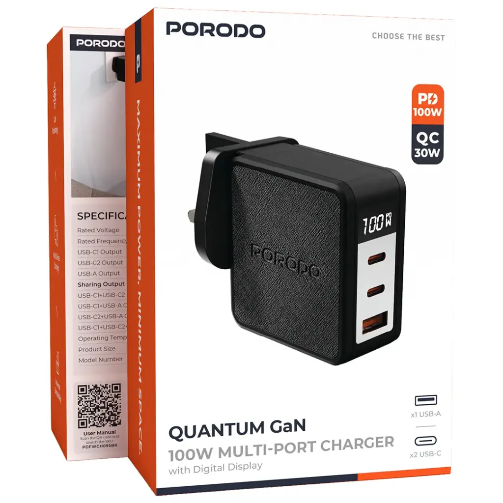 Porodo Quantum GaN 100W Multi-Port Charger with Digital Display - Black.webp