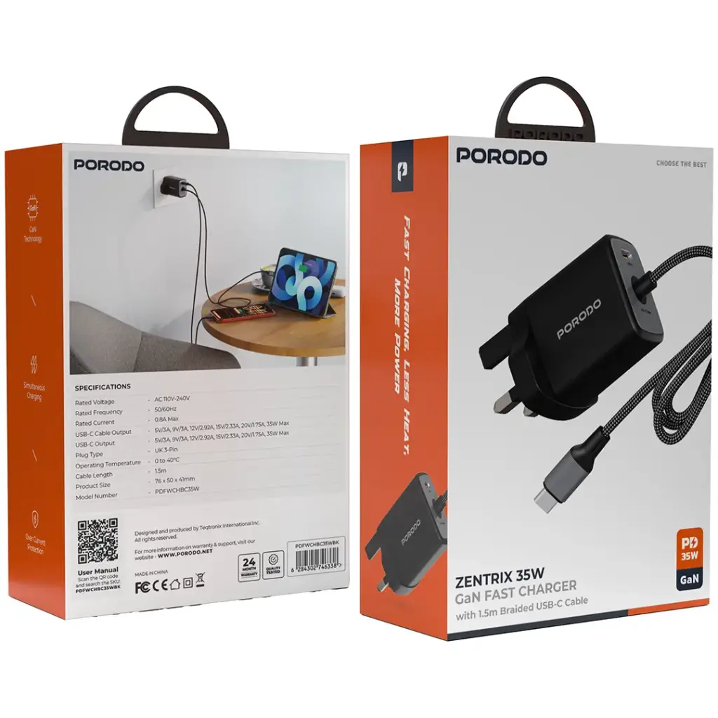 Porodo Zentrix 35W GaN Fast Charger with 1.5m Braided USB-C Cable - Black.webp