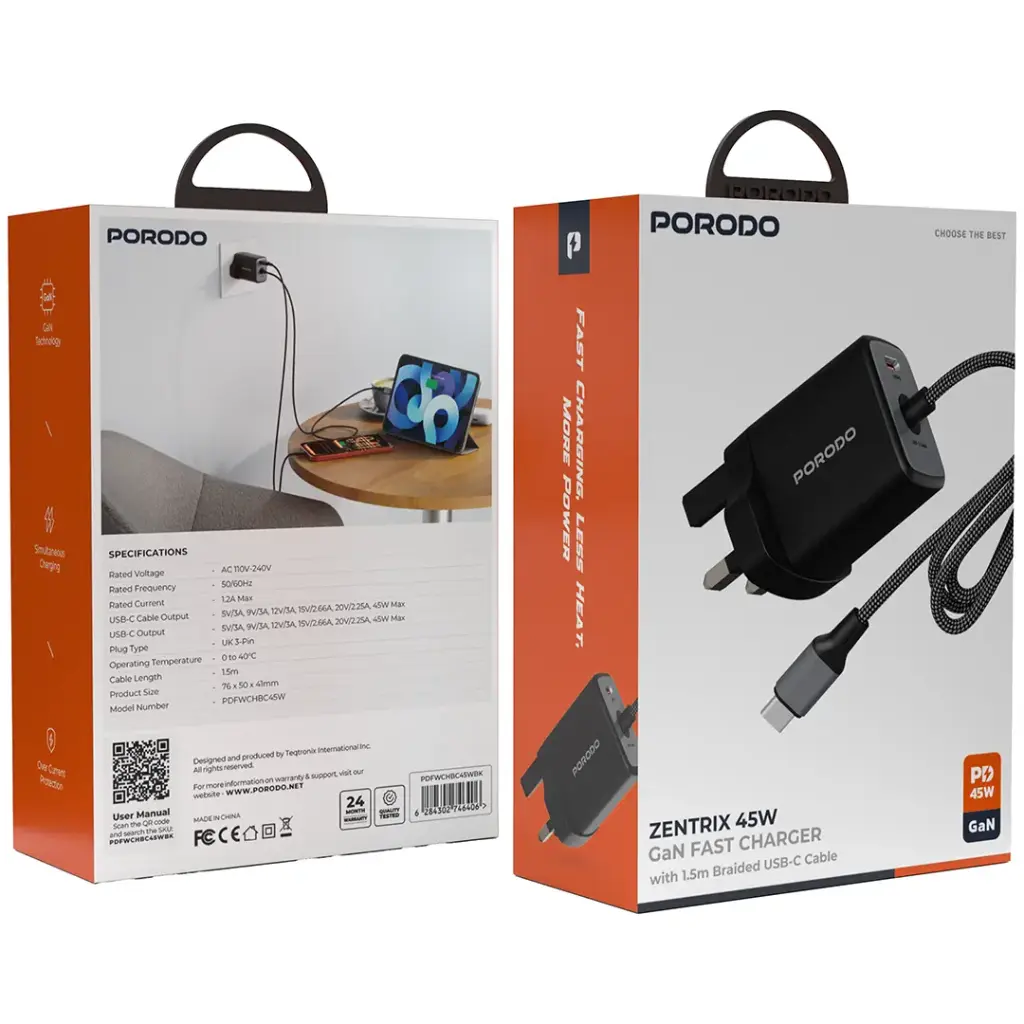 Porodo Zentrix 45W GaN Fast Charger with 1.5m Braided USB-C Cable - Black4.webp