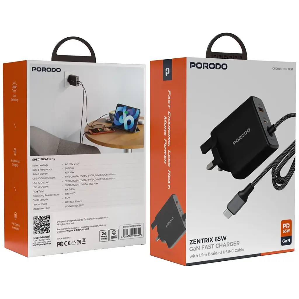 Porodo Zentrix 65W GaN Fast Charger with 1.5m Braided USB-C Cable - Black .webp