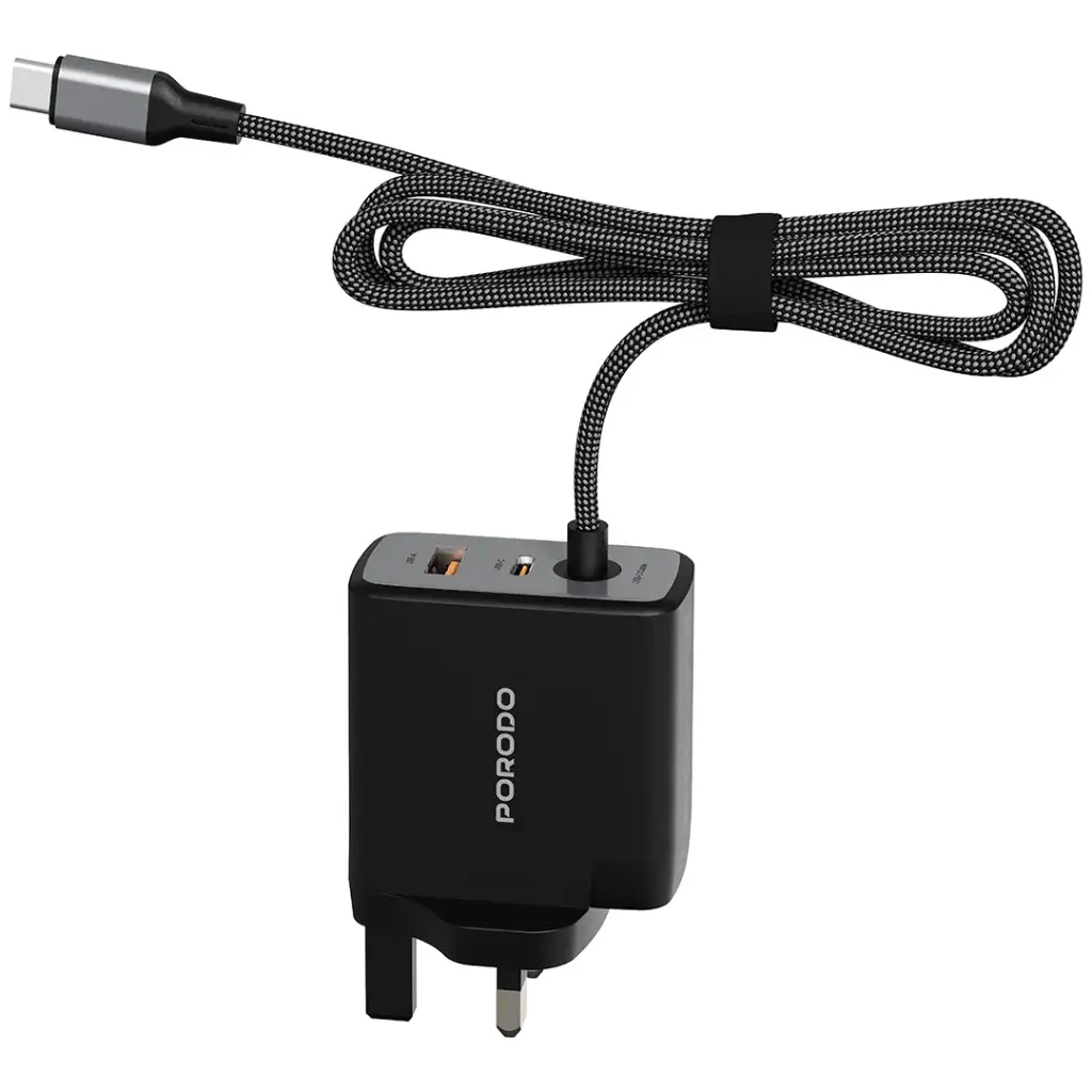 Porodo Zentrix 65W GaN Fast Charger with 1.5m Braided USB-C Cable - Black 4.webp