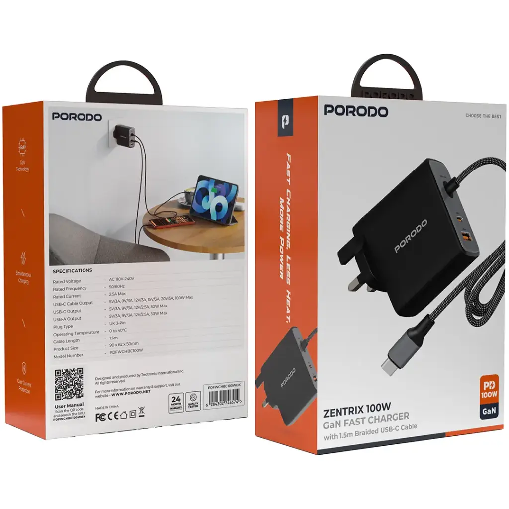 Porodo Zentrix 100W GaN Fast Charger with 1.5m Braided USB-C Cable - Black.webp