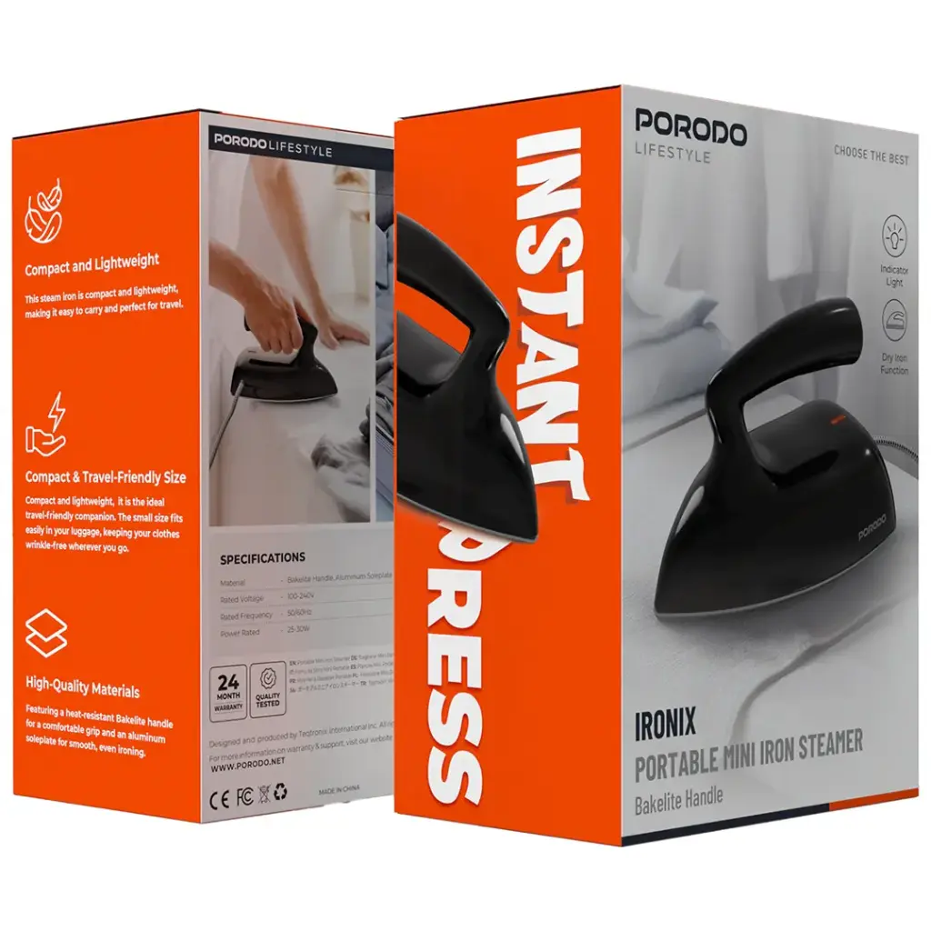 Porodo Lifestyle Ironix Portable Mini Iron Steamer with Bakelite Handle - Black.webp