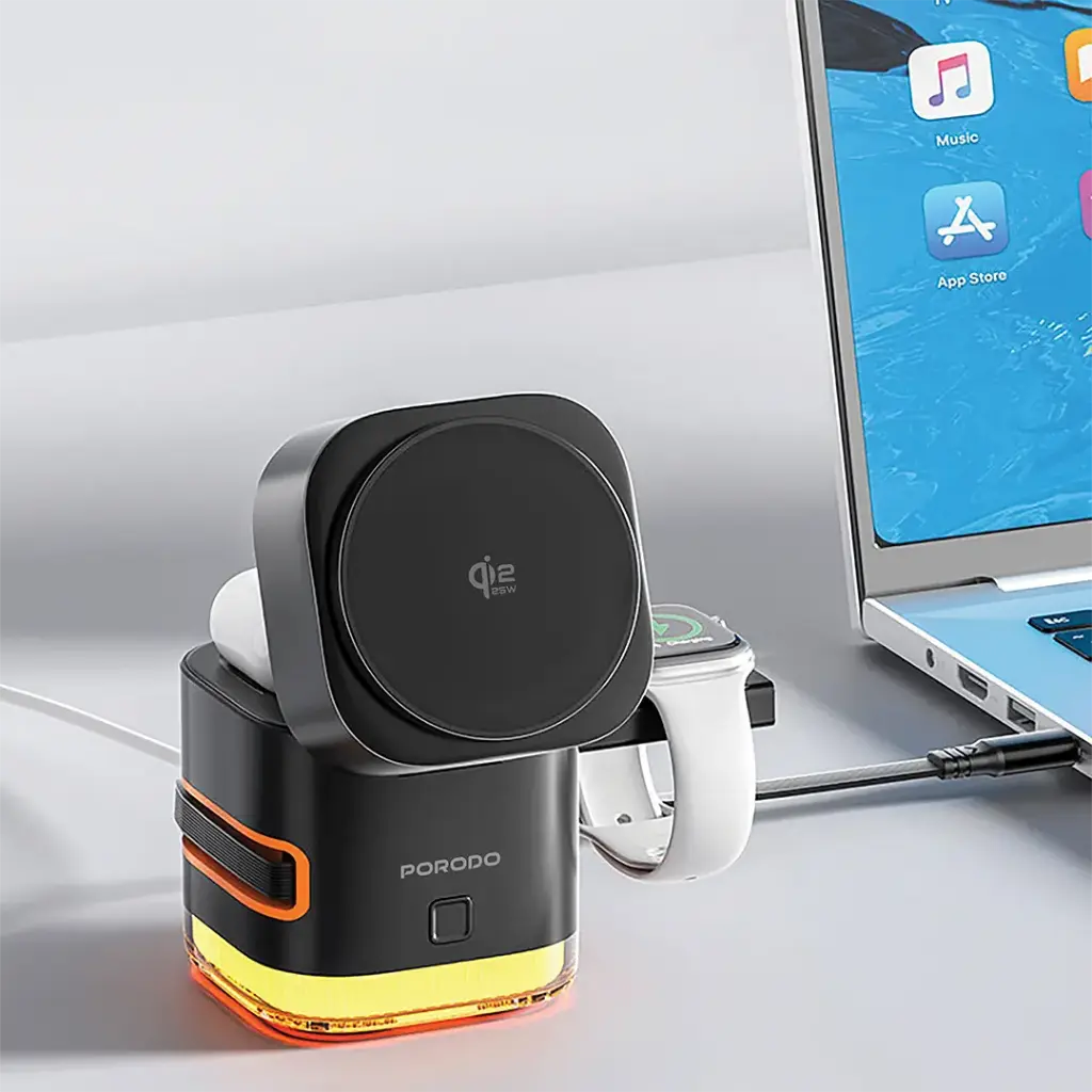 Porodo Xpert 5-In-1 Retractable Wireless Charger with LED Light - Black.webp