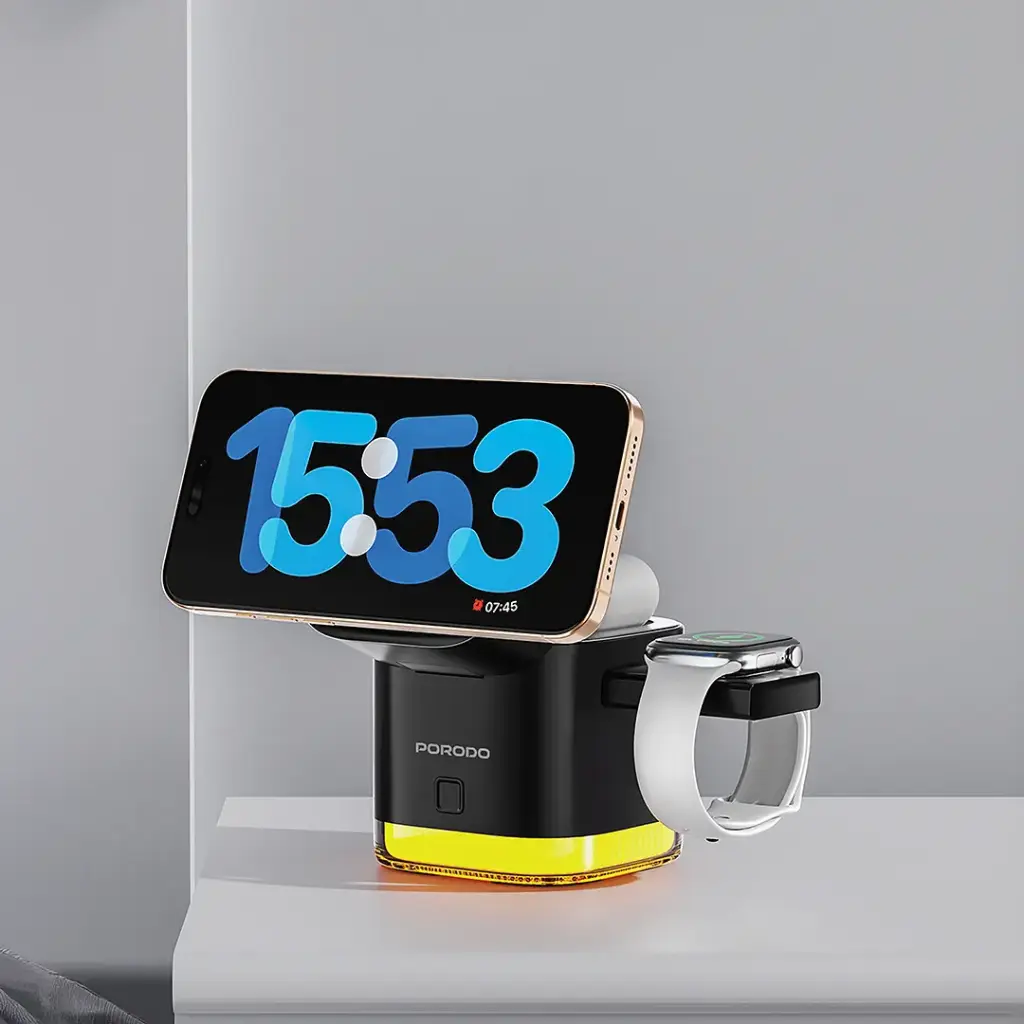 Porodo Xpert 5-In-1 Retractable Wireless Charger with LED Light - Black4.webp