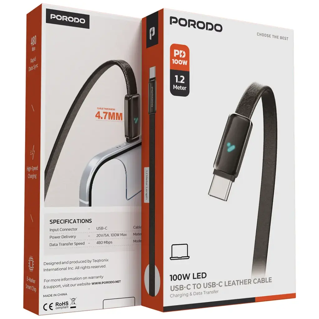 Porodo 100W LED USB-C To USB-C Leather Charging & Data Transfer Cable3.webp