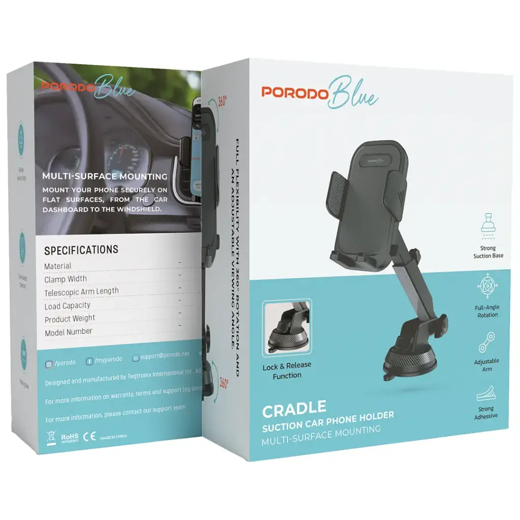 Porodo Blue Cradle Suction Car Phone Holder - Black3.webp