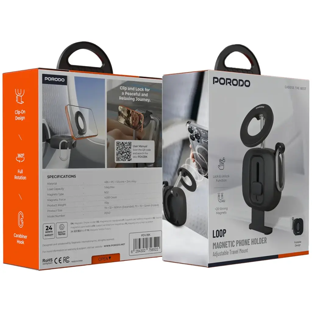Porodo Loop Magnetic Phone Holder Adjustable Travel Mount - Black.webp