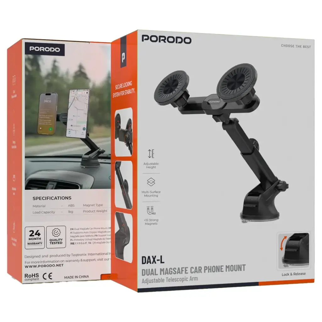 Porodo Dax-L Dual MagSafe Car Phone Mount with Adjustable Telescopic Arm - Black6.webp