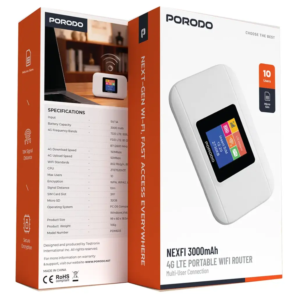 Porodo Nexfi 3000mAh 4g LTE Portable WiFi Router Multi-user Connection - White2.webp