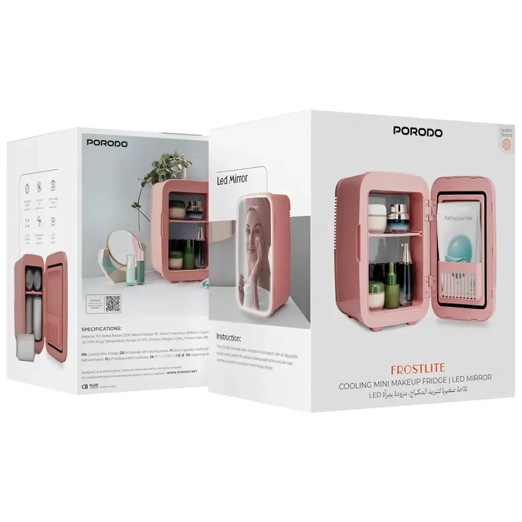 Porodo Frostlite Cooling Mini Makeup Fridge with Led Mirror - Pink4.webp