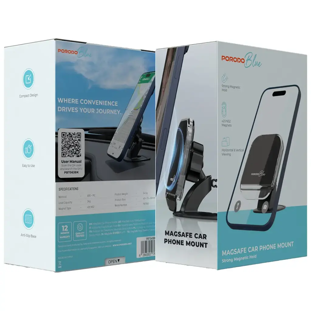 Porodo Blue MagSafe Car Phone Mount with Strong Magnetic Hold - Black3.webp