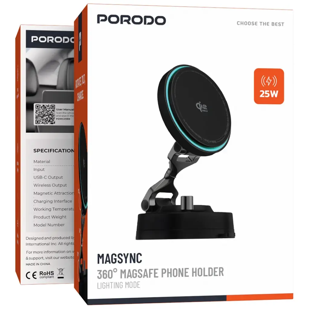 Porodo MagSync 360° MagSafe Phone Holder with Lighting Mode - Black.webp