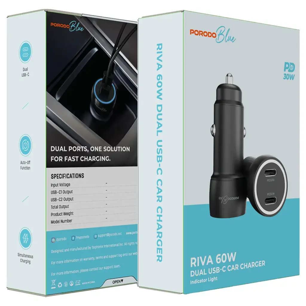 Porodo Blue Riva 60W Dual USB-C Car Charger with Indicator Light - Black7.webp
