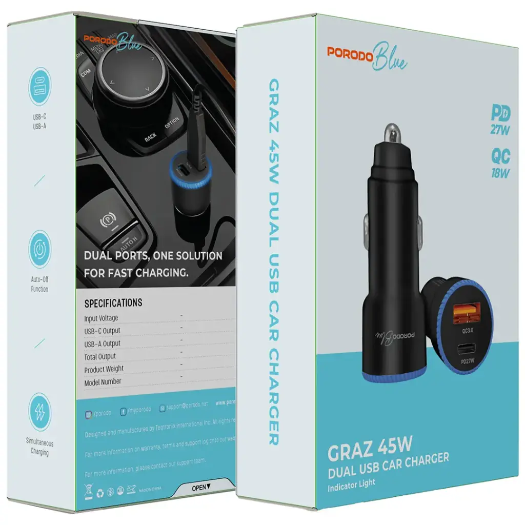 Porodo Blue Graz 45W Dual USB Car Charger with Indicator Light - Black3.webp