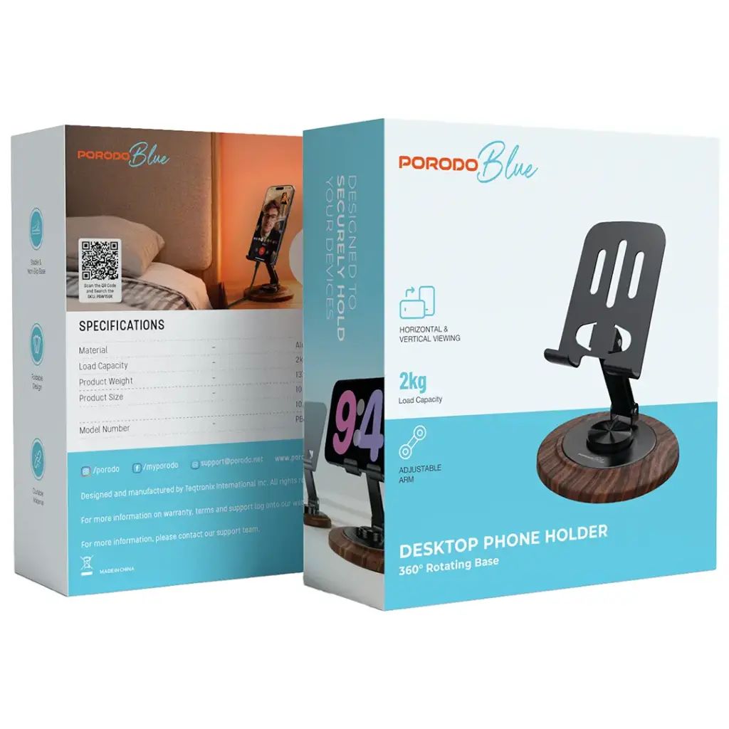 Porodo Blue Desktop Phone Holder 360° Rotating Base - Black4.webp