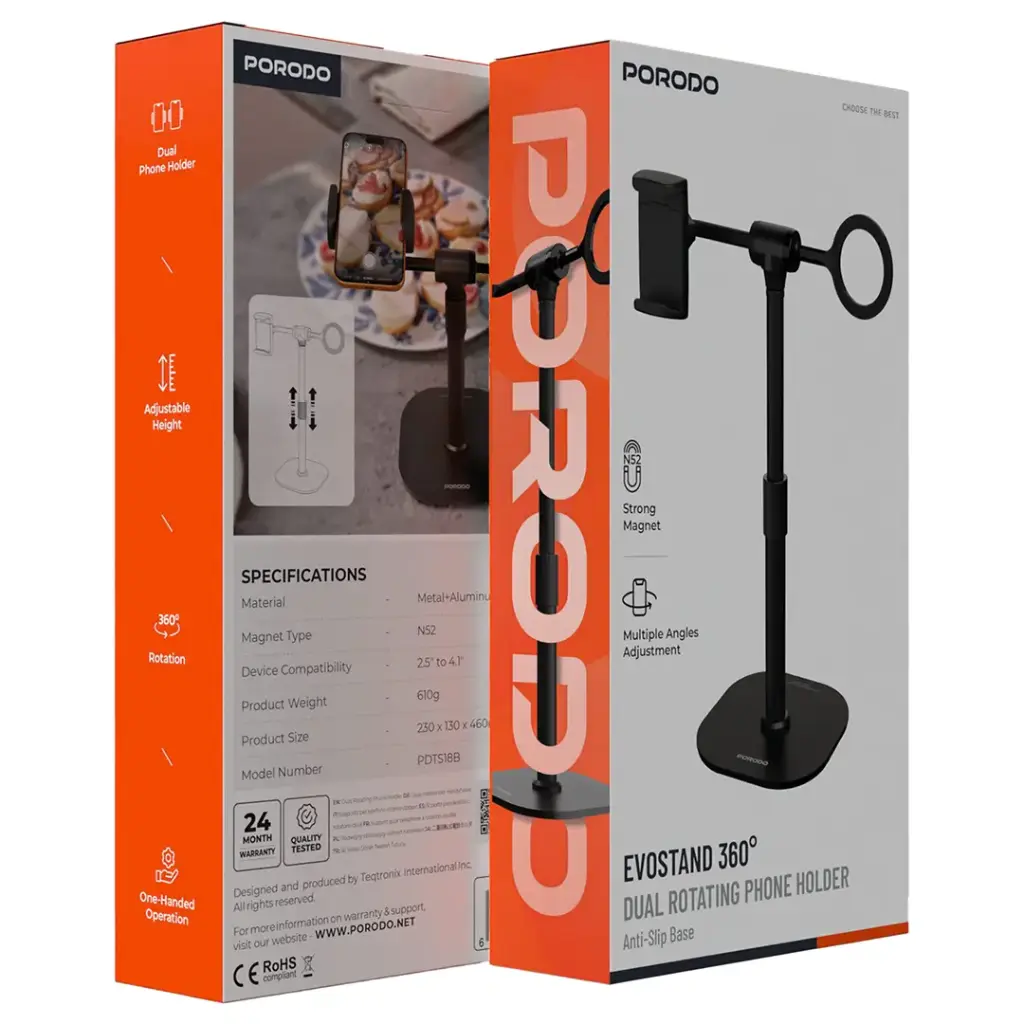Porodo Evostand 360° Dual Rotating Phone Holder with Anti-Slip Base - Black2.webp
