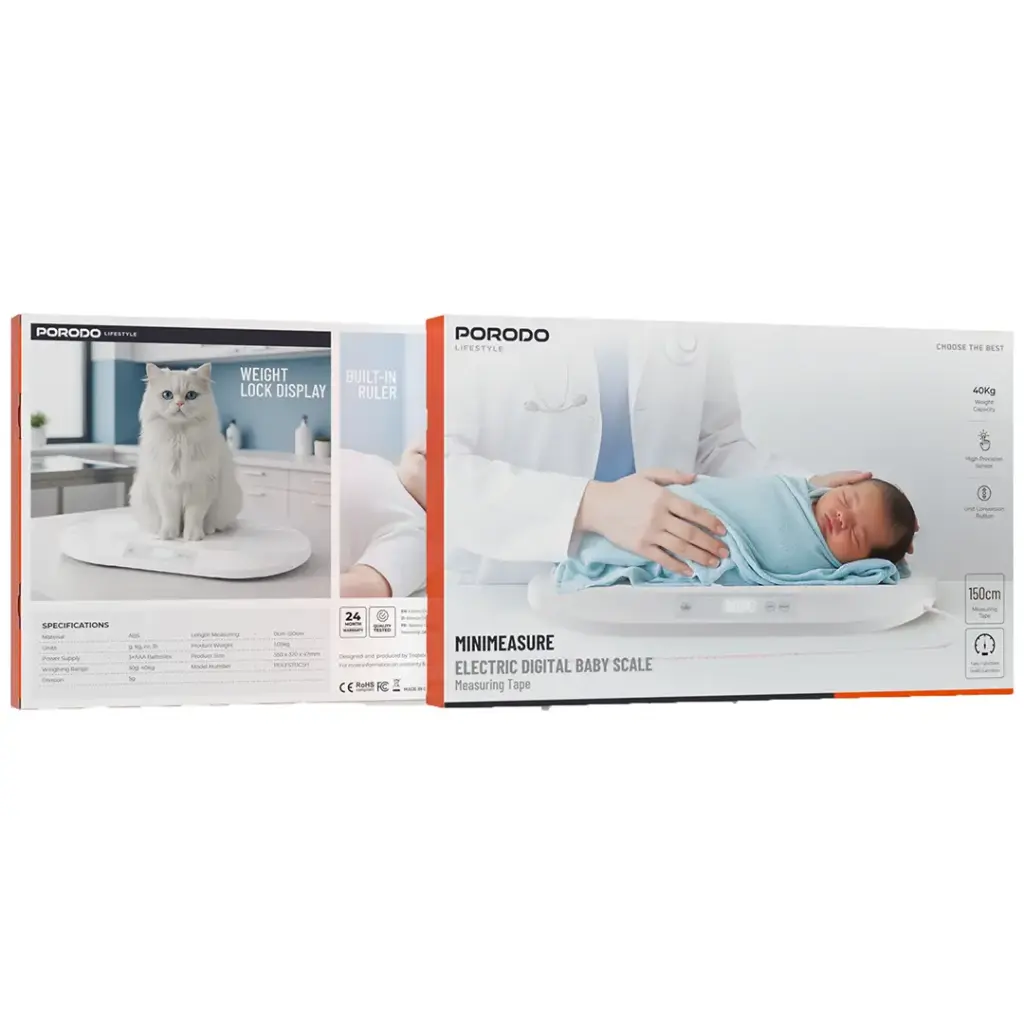 Porodo Lifestyle Minimeasure Electric Digital Baby Scale with Measuring Tape - White.webp