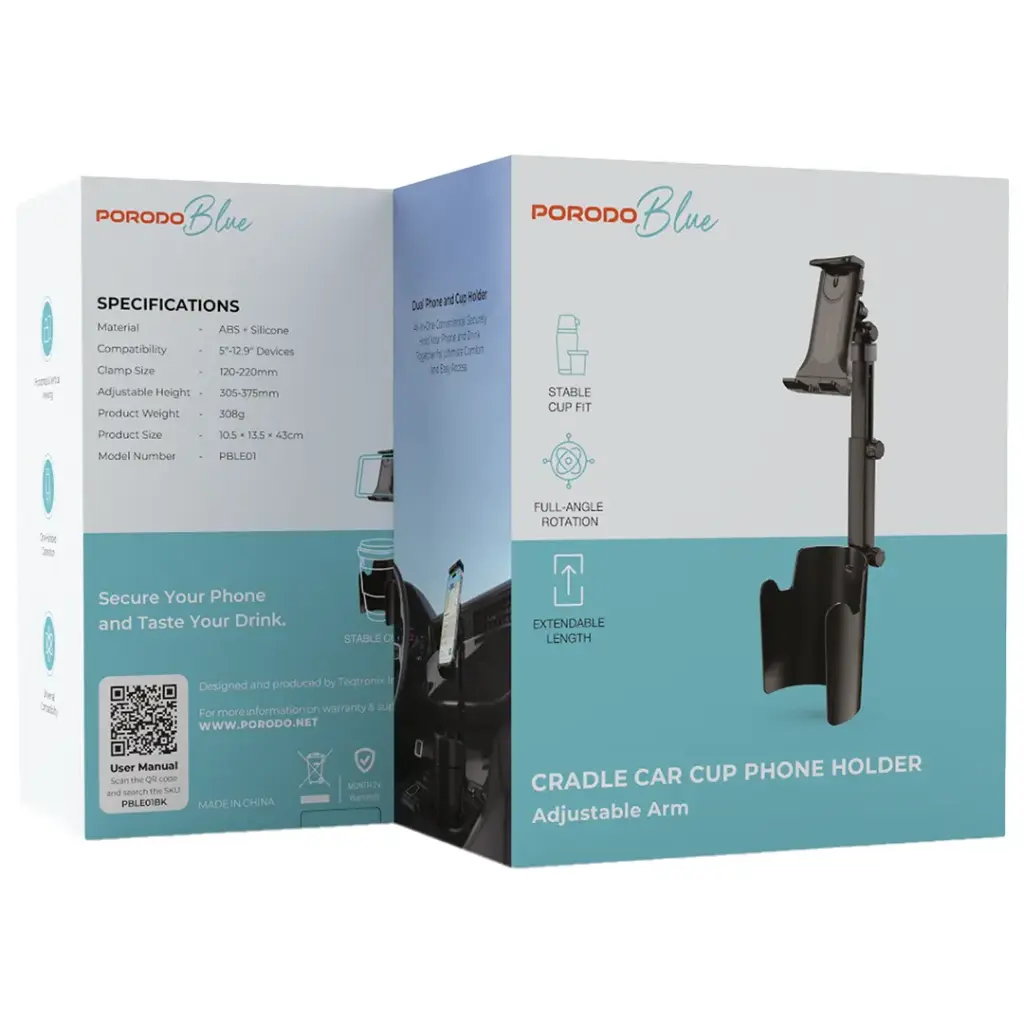 Porodo Blue Cradle Car Cup Phone Holder with Adjustable Arm - Black3.webp