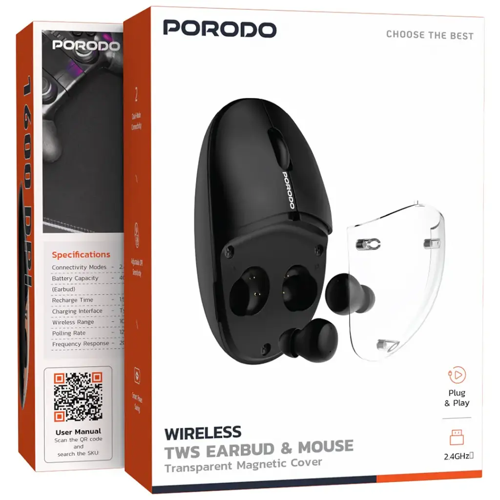 Porodo Wireless TWS Earbud & Mouse with Transparent Magnetic Cover2.webp
