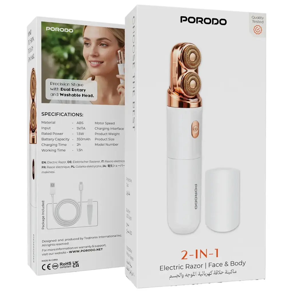 Porodo 2-In-1 Electric Face & Body Razor - White5.webp