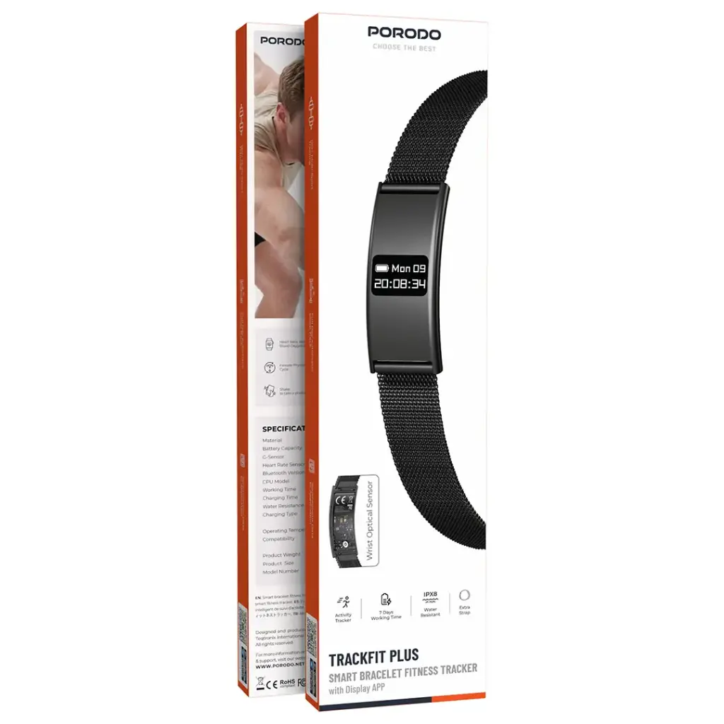 Porodo Trackfit Plus Smart Bracelet Fitness Tracker With Display App - Black.webp