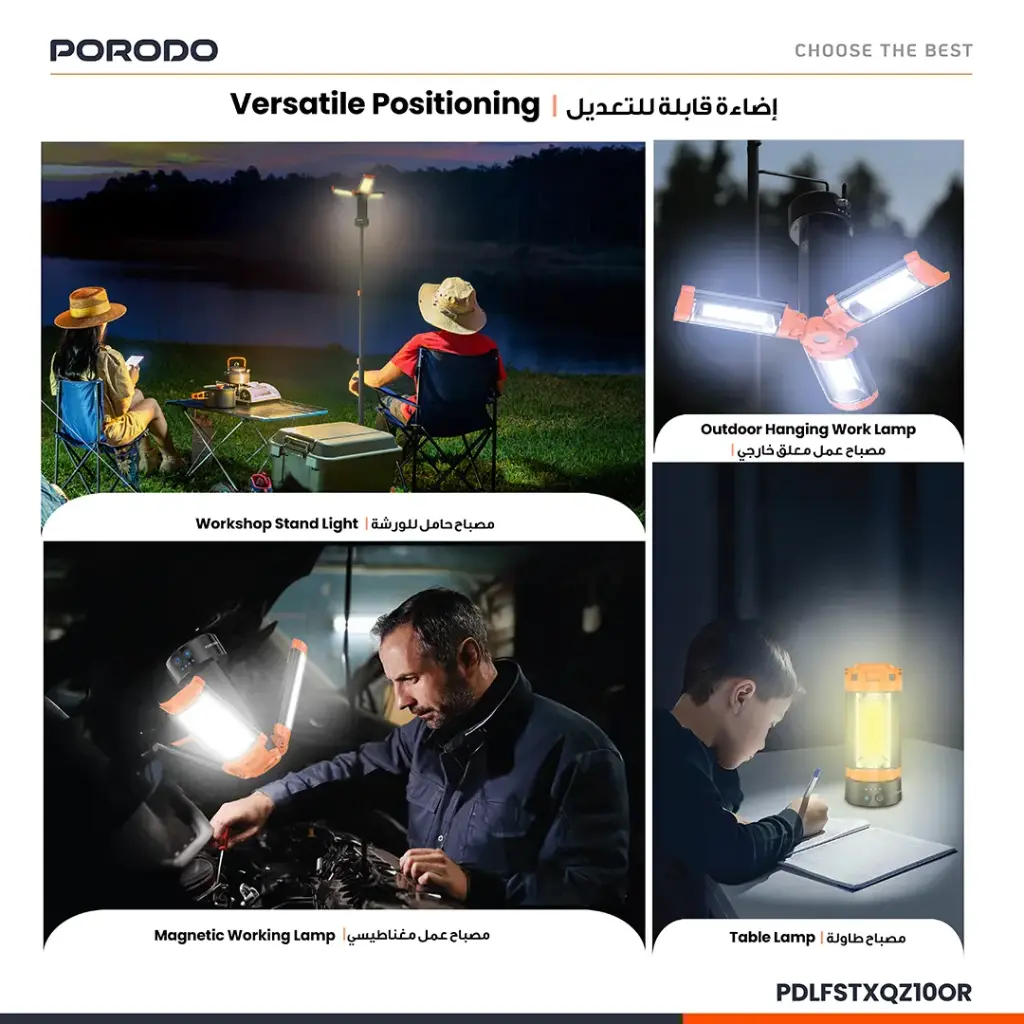 Porodo Lifestyle 9000mAh Work Lantern Foldable Multi-Mode LED Light with Tripod Base & Hook - Orange3.webp