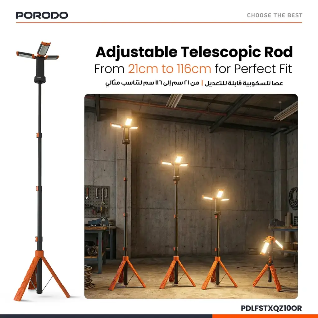 Porodo Lifestyle 9000mAh Work Lantern Foldable Multi-Mode LED Light with Tripod Base & Hook - Orange.webp