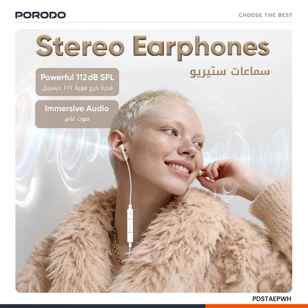 Porodo Soundtec Stereo Earphones 3.5mm with High-Clarify Mic - White2.webp