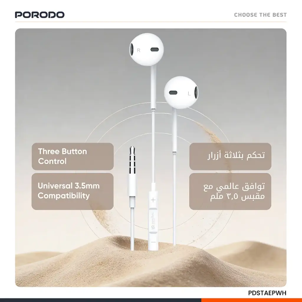 Porodo Soundtec Stereo Earphones 3.5mm with High-Clarify Mic - White.webp