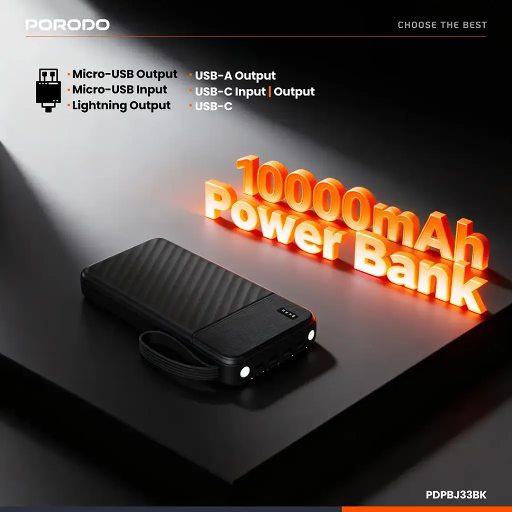 Porodo Piano 10000mAh Power Bank with Integrated Cables - Black.webp