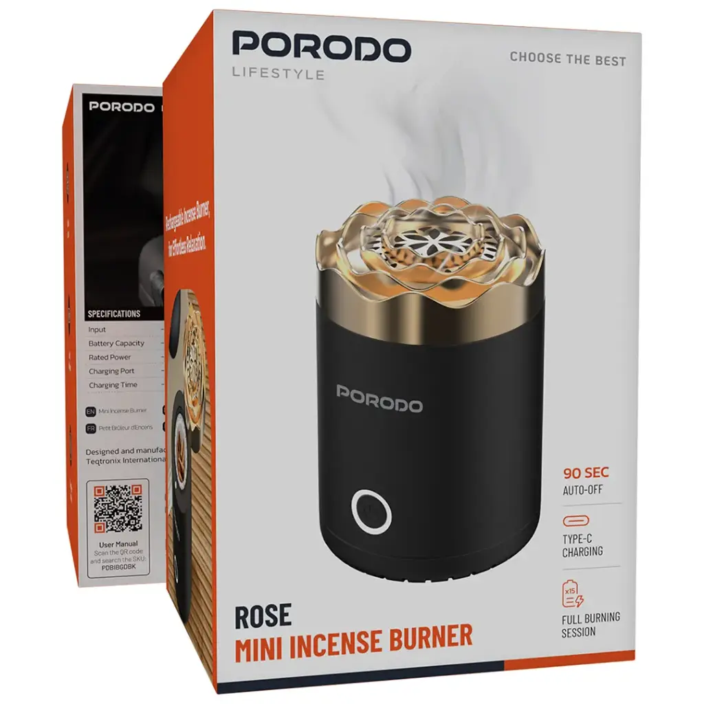 Porodo Lifestyle Rose Mini Incense Burner - Black.webp