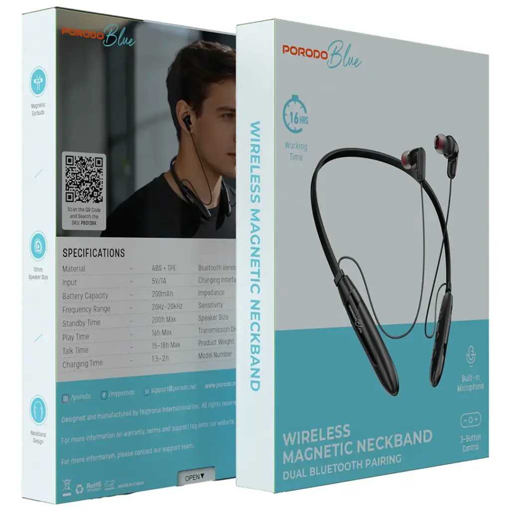 Porodo Blue Wireless Magnetic Neckband Dual Bluetooth Pairing - Black3.webp