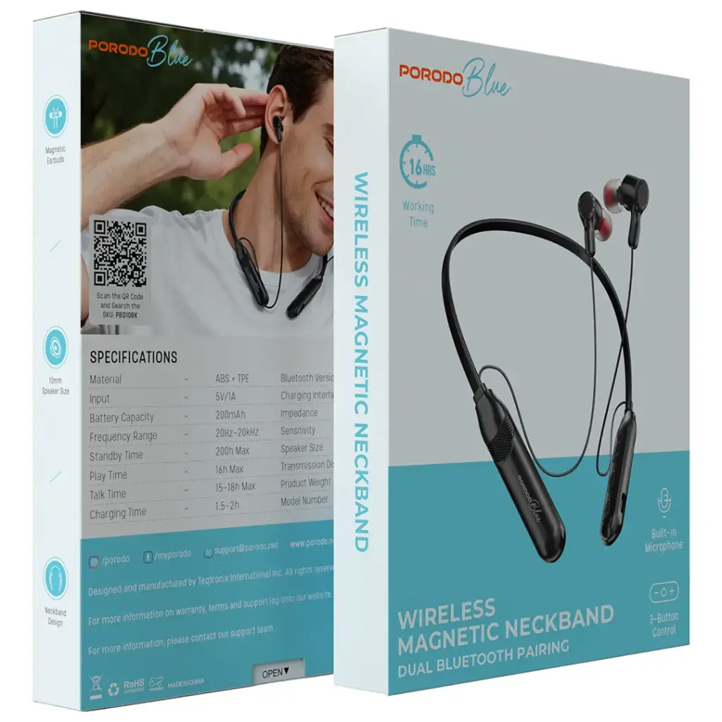 Porodo Blue Wireless Magnetic Neckband Earbuds Dual Bluetooth Pairing - Black3.webp