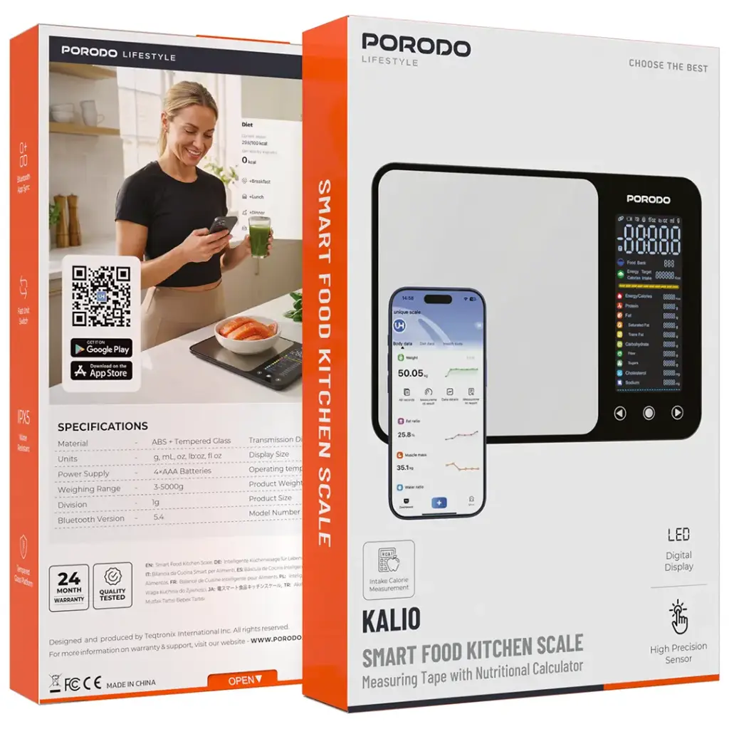 Porodo Lifestyle Kalio Smart Food Kitchen Scale Measuring Tape with Nutritional Calculator - Silver4.webp