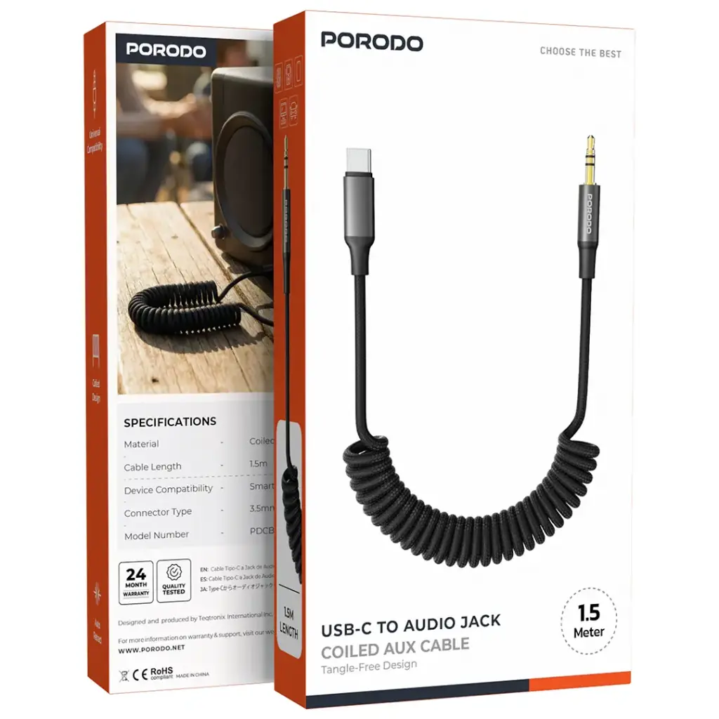 Porodo Coiled Aux Cable with Tangle-Free Design - Black4 usb-c to aux.webp