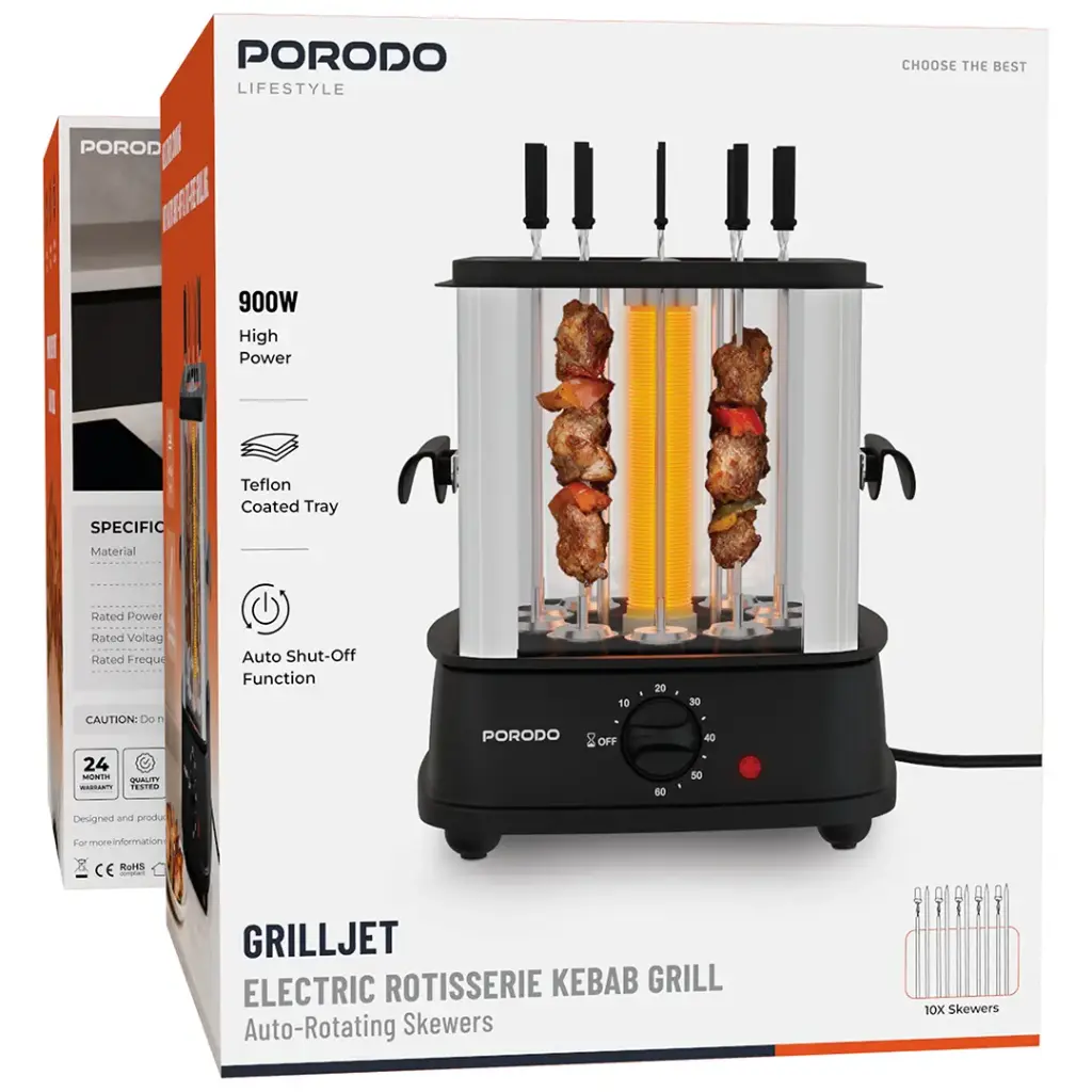 Porodo Lifestyle Grilljet Electric Rotisserie Kebab Grill with Auto-Rotating Skewers - Black.webp
