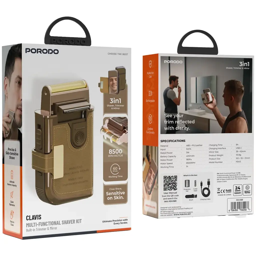 Porodo Clavis Multi-Functional Shaver Kit with Built-In Trimmer & Mirror - Brown4.webp