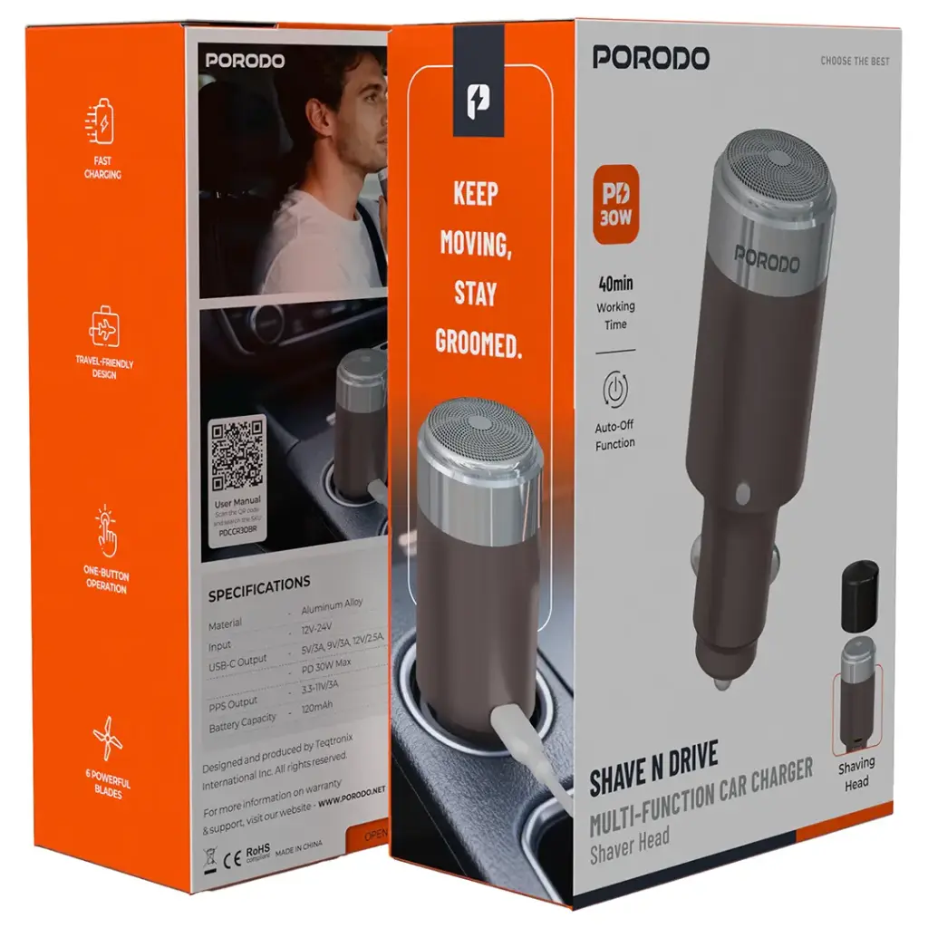 Porodo Shave N Drive Multi-Function Car Charger with Shaver Head - Brown5.webp