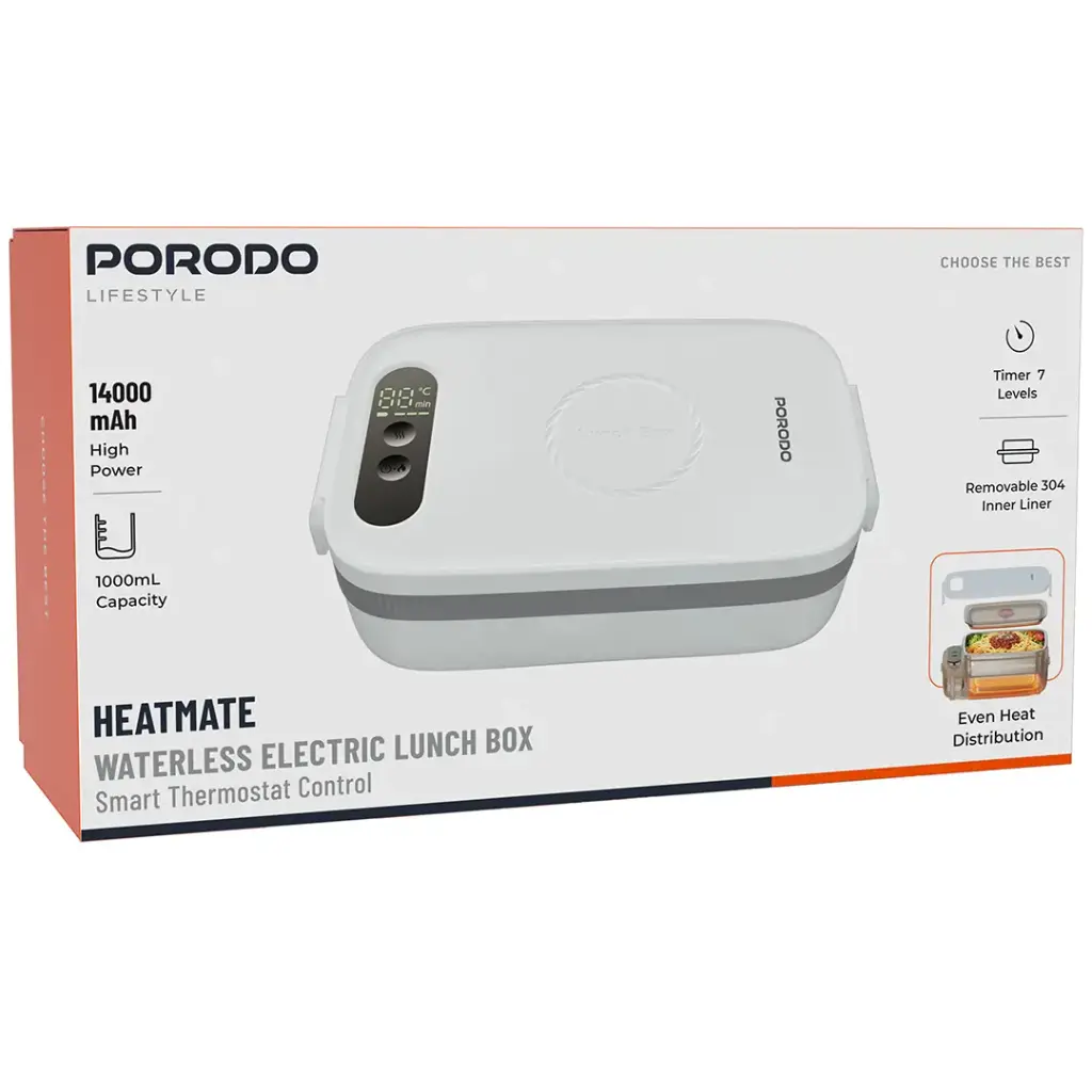 Porodo Lifestyle Heatmate Waterless Electric Lunch Box with Smart Thermostat Control - White.webp