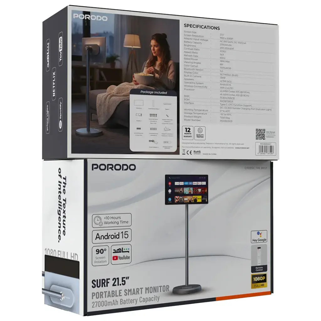 Porodo Surf 21.5 inch Portable Smart Monitor with 27000mAh Battery Capacity - Gray3.webp