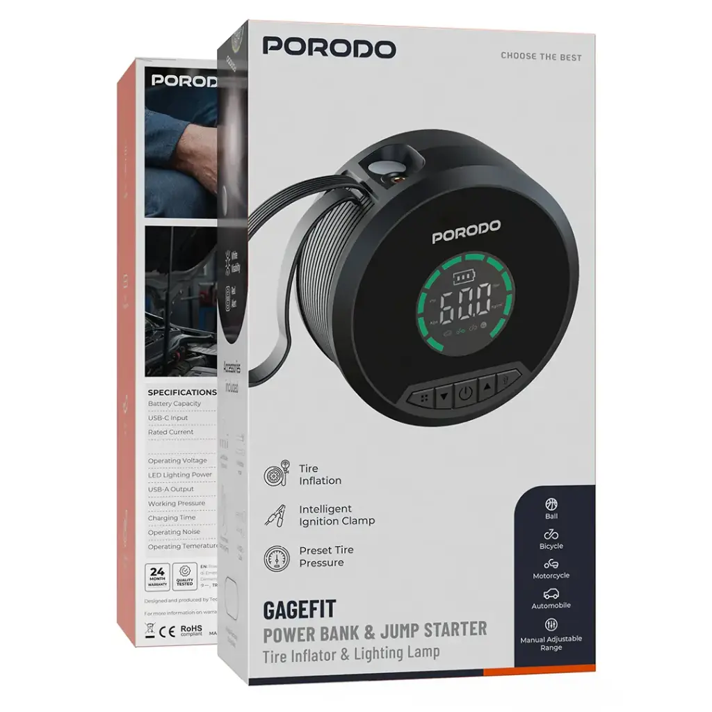 Porodo Gagefit Power Bank & jump Starter with Tire Inflator & Lightning Lamp - Black6.webp