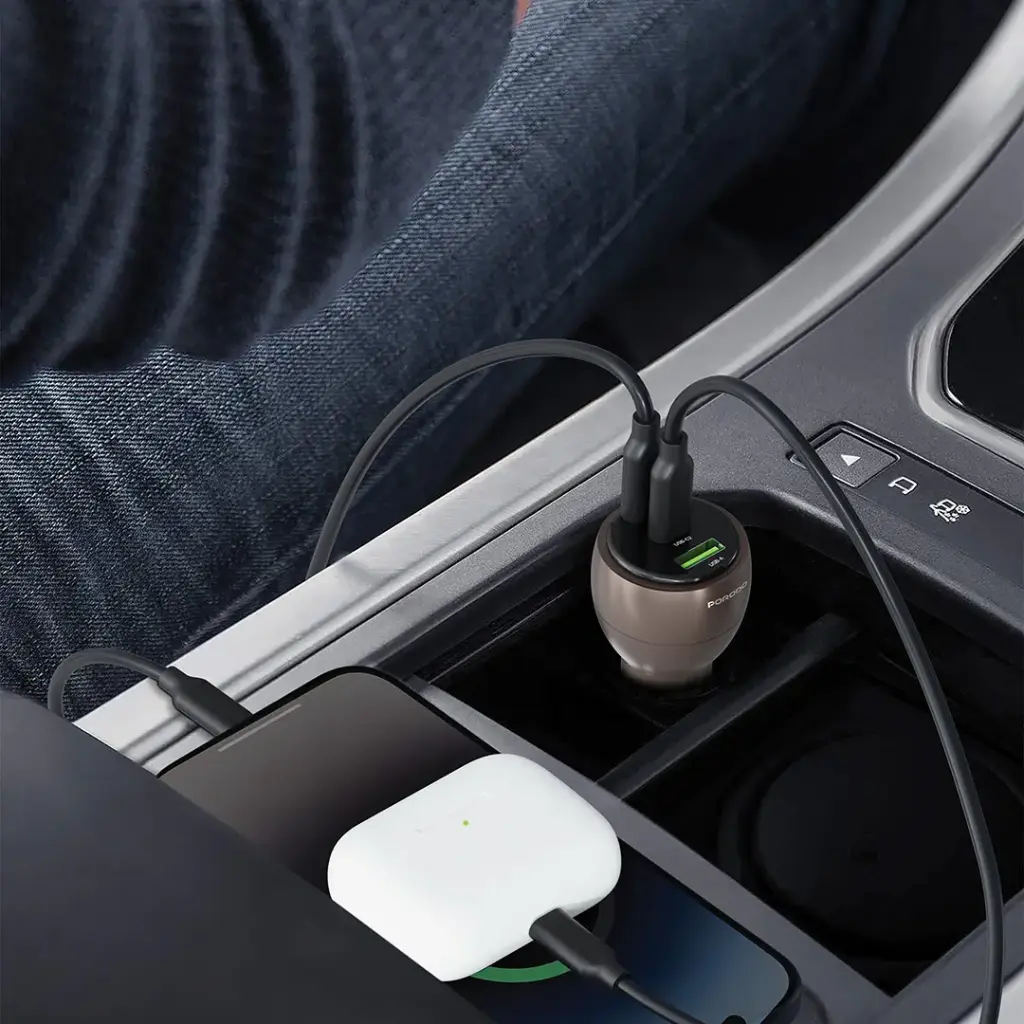 Porodo Valtro Multi-Port Car Charge with USB Fast Charging - Brown.webp