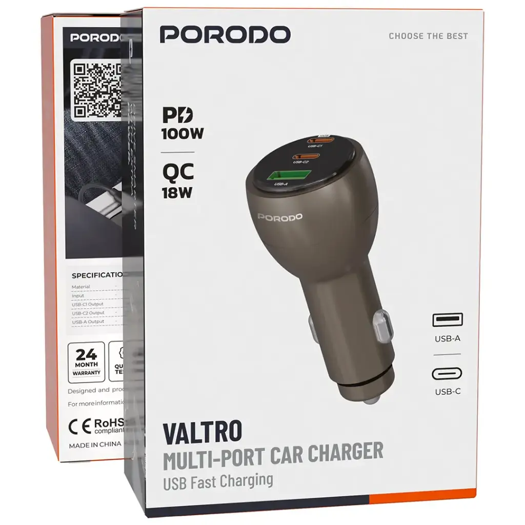 Porodo Valtro Multi-Port Car Charge with USB Fast Charging - Brown6.webp