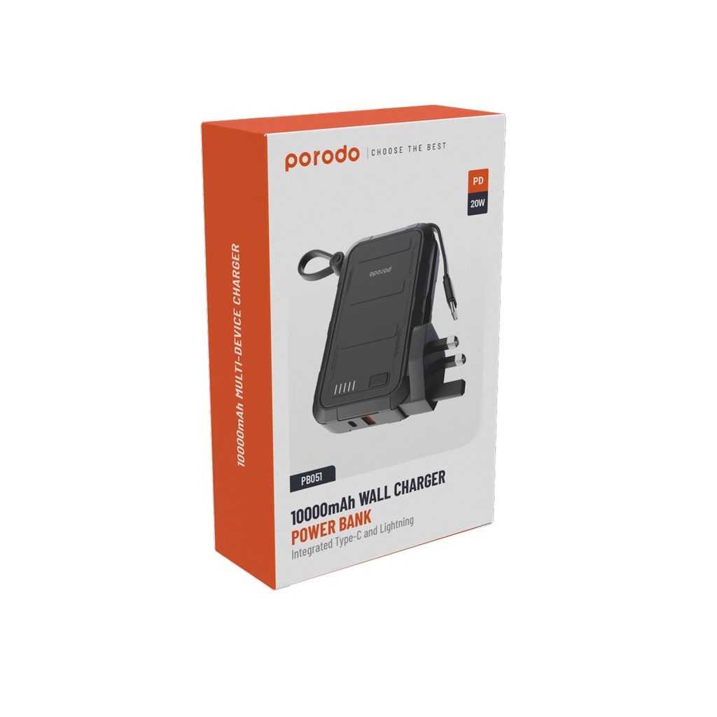 Porodo 10000mAh Wall Charger Power Bank - Black